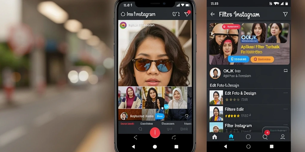 Antarmuka aplikasi OKJK yang menawan dengan berbagai pilihan filter Instagram.