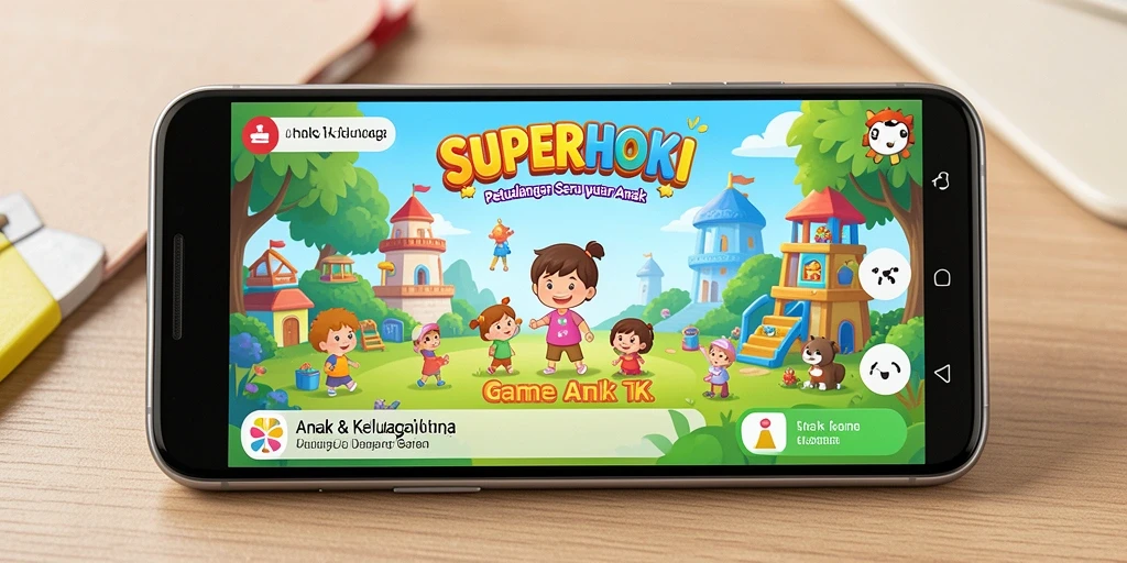 Antarmuka <strong>SUPERHOKI</strong> yang cerah dan ramah anak dengan berbagai permainan edukatif.